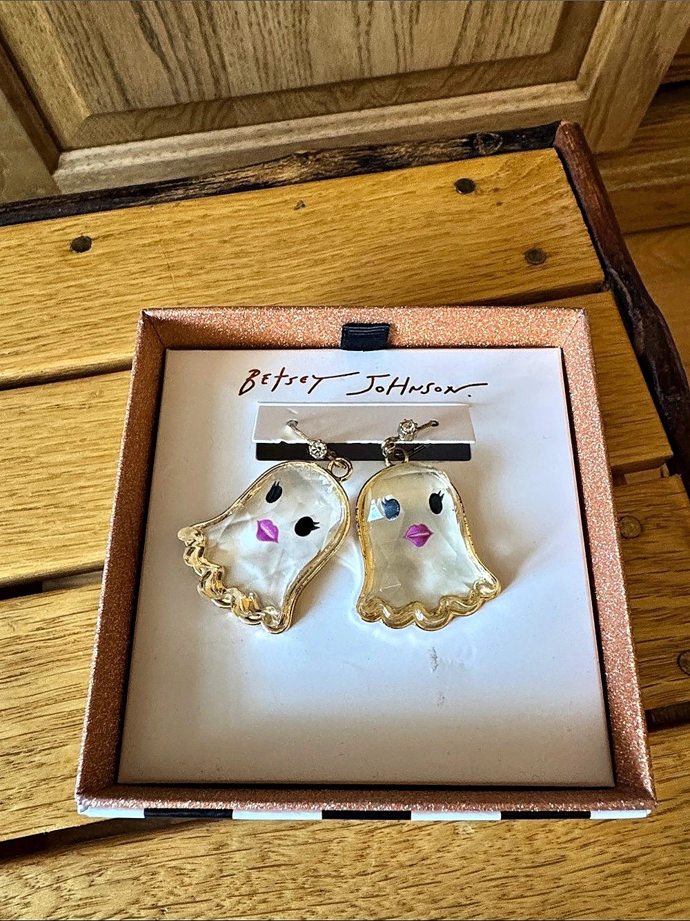 Betsey Johnson Girly Striped Ghost Earrings Gold & Clear